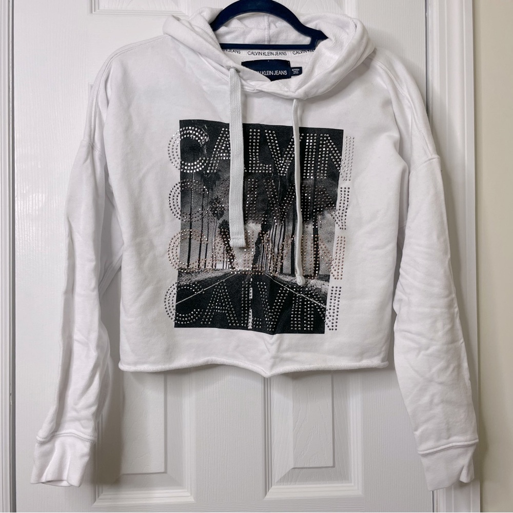 Calvin Klein jeans crop sweater hoodie pullover women white long sleeve